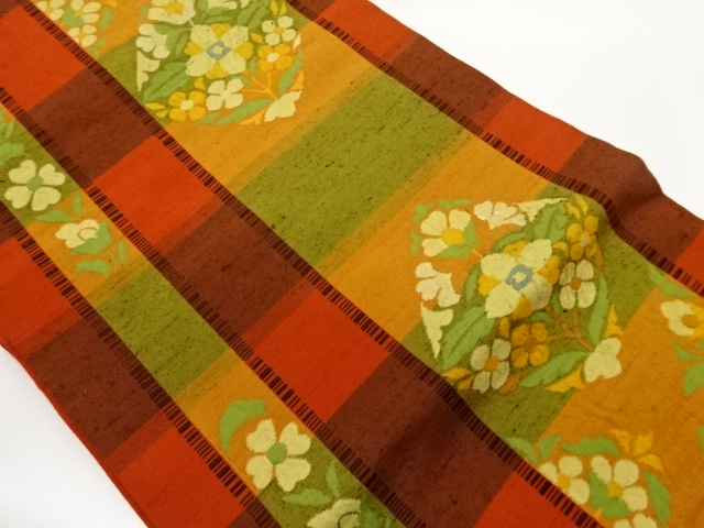 手織り紬花葉に縞・横段模様織出し名古屋帯